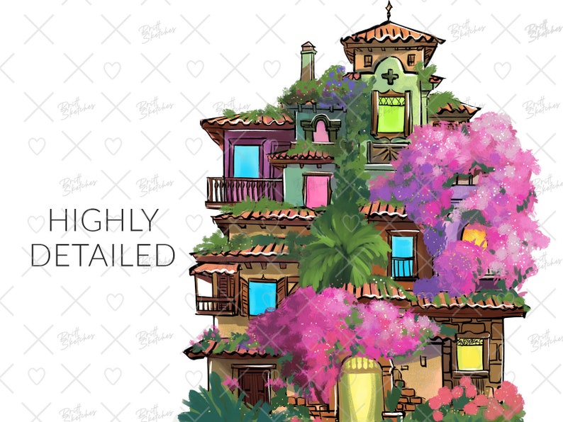 May include: A colorful illustration of a multi-level building with a terracotta roof, surrounded by lush greenery and vibrant pink flowers. The building has multiple windows and balconies, and the flowers are in full bloom.