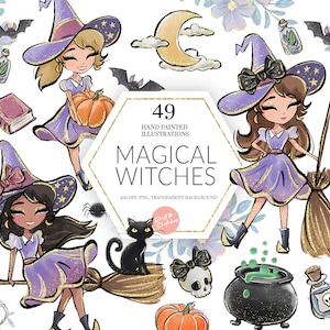 Hexen Clipart, Magie, Halloween, Süße Hexe PNG, Cauldron, Schwarze Katze, Tränke, Kürbisse, Handdrawn, Kinder, Planer Sticker, Sublimation
