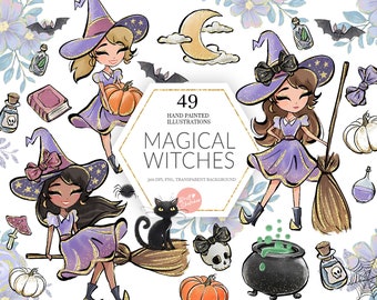 Witches Clipart, Magic, Halloween, Cute Witch PNG, Cauldron, Black Cat, Potions, Pumpkins, Handdrawn, Kids, Planner Stickers, Sublimation