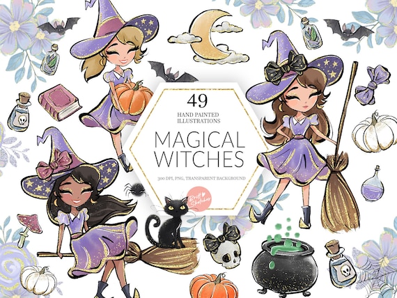 Witches Clipart, Magic, Halloween, Cute Witch PNG, Cauldron, Black Cat, Potions, Pumpkins, Handdrawn, Kids, Planner Stickers, Sublimation