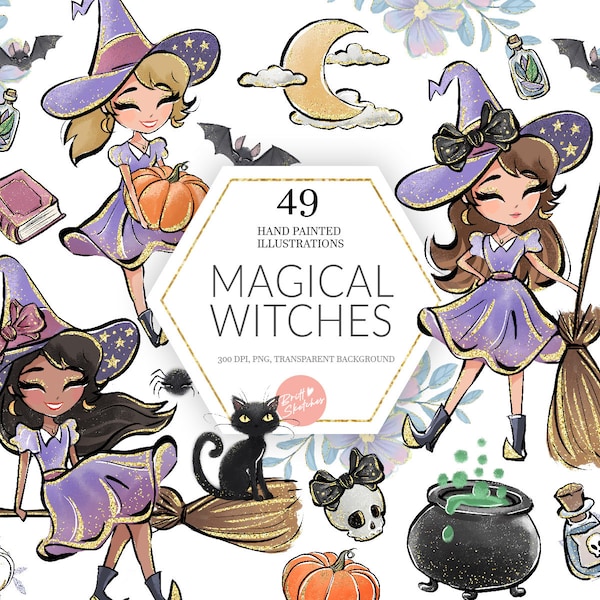 Witches Clipart, Magic, Halloween, Cute Witch PNG, Cauldron, Black Cat, Potions, Pumpkins, Handdrawn, Kids, Planner Stickers, Sublimation