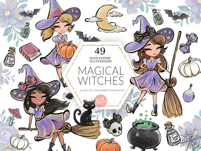 May include: 49 hand-painted illustrations of magical witches with purple and gold glitter accents. The illustrations include witches with brooms, cauldrons, pumpkins, and cats. The text "Magical Witches" is featured in the center of the image.