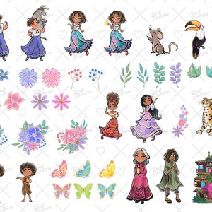 May include: A set of digital illustrations featuring a variety of colorful characters, animals, and plants. The illustrations include a toucan, a jaguar, a donkey, a girl wearing a blue dress, a girl wearing a pink dress, a girl wearing a green dress, a girl wearing a red dress, a girl wearing a purple dress, a boy wearing a brown shirt, a boy wearing a blue shirt, a butterfly, a flower, a leaf, and a house.