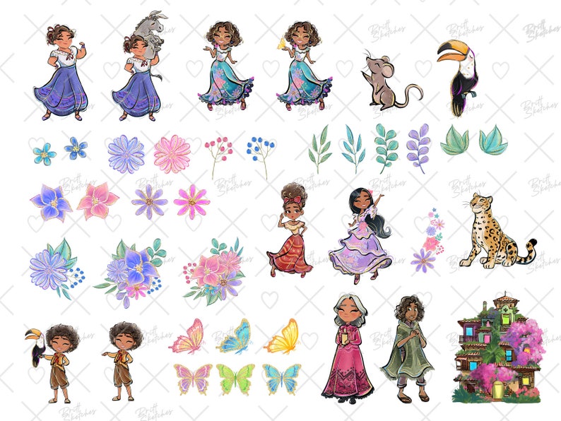 May include: A set of digital illustrations featuring a variety of colorful characters, animals, and plants. The illustrations include a toucan, a jaguar, a donkey, a girl wearing a blue dress, a girl wearing a pink dress, a girl wearing a green dress, a girl wearing a red dress, a girl wearing a purple dress, a boy wearing a brown shirt, a boy wearing a blue shirt, a butterfly, a flower, a leaf, and a house.
