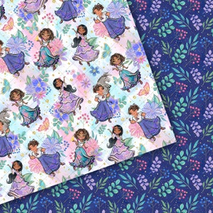 May include: A seamless pattern featuring a whimsical design of girls in purple dresses with floral accents, butterflies, and stars on a white background with a subtle glitter effect. The pattern is repeated on a dark blue background with green leaves and pink berries.