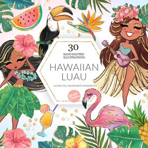 Clipart de luau havaiano, glitter tropical Aloha Flamingo Tucano ilustração de verão abacaxi planejador adesivos tecido PNG POD suprimentos
