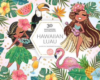 Hawaiian Luau Clipart, Tropical Glitter Aloha Flamingo Toucan Summer Illustration Pineapple Planner Stickers Fabric PNG POD Supplies
