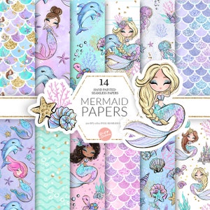 Mermaids Digital Paper, Pastel Version, High Res JPG Seamless Pattern, Glitter Dolphin, Mermaids, Sea Turtle Castle Fabric POD Supplies image 1