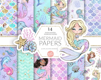 Mermaids Digital Paper, Pastel Version, High Res JPG Seamless Pattern, Glitter Dolphin, Mermaids, Sea Turtle Castle Fabric POD Supplies