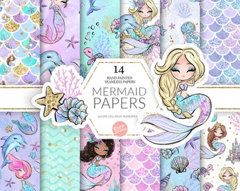 Mermaids Digital Paper, Pastel Version, High Res JPG Seamless Pattern, Glitter Dolphin, Mermaids, Sea Turtle Castle Fabric POD Supplies