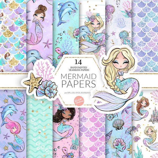 Mermaids Digital Paper, Versione pastello, High Res JPG Seamless Pattern, Glitter Dolphin, Mermaids, Sea Turtle Castle Fabric POD Supplies