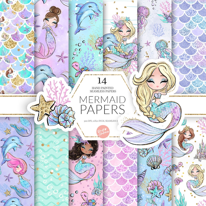 Mermaids Digital Paper, Pastel Version, High Res JPG Seamless Pattern, Glitter Dolphin, Mermaids, Sea Turtle Castle Fabric POD Supplies image 1