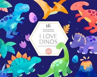 Watercolor Dinosaurs Clipart - Dino Instant Download T-Rex Stegosaurus Triceratops Longneck Kids Planner Stickers Fabric PNG POD Supplies
