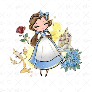 May include: A cartoon illustration of Belle from Beauty and the Beast. She is wearing a blue and white dress with a yellow sash. She has long brown hair and blue eyes. She is standing in front of a yellow and white castle with a red rose and a golden candlestick.