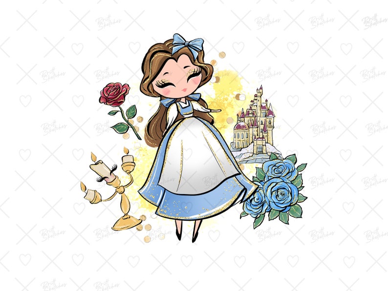 May include: A cartoon illustration of Belle from Beauty and the Beast. She is wearing a blue and white dress with a yellow sash. She has long brown hair and blue eyes. She is standing in front of a yellow and white castle with a red rose and a golden candlestick.