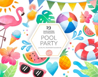 Pool Party Clipart - Acuarela Verano Descarga instantánea - Tropical Flamingo Sun Pool Beach Ball Plants Vacation Sticker Planner POD Supply