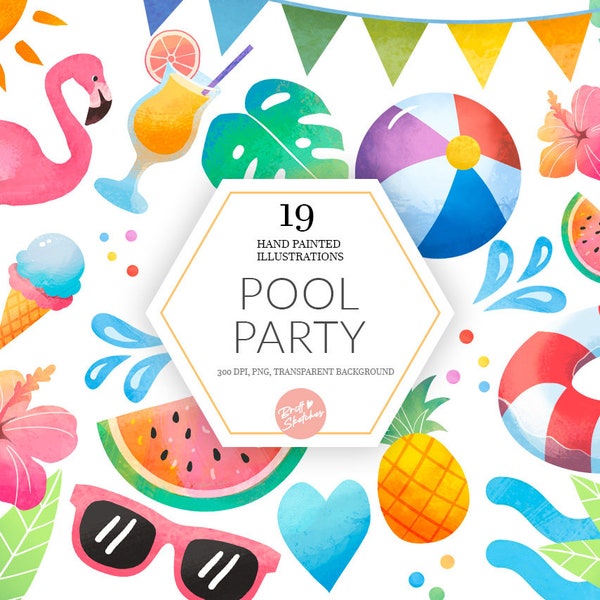 Pool Party Clipart - Watercolor Summer Instant Download - Tropical Flamingo Sun Pool Beach Ball Plants Vacation Sticker Planner POD Supply