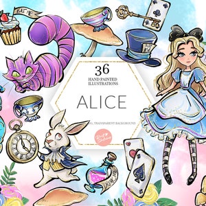 Alicja w Krainie Czarów Clipart, Kot z Cheshire, Szalony Kapelusznik, Królik, Herbatka, Gąsienica, PNG, Uroczy, Rysowany ręcznie, Naklejka na cyfrowy planer