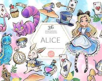 Alice in Wonderland Clipart, Cheshire Cat, Mad Hatter, Rabbit, Tea Party, Caterpillar, PNG,  Cute, Handdrawn, Digital Planner Sticker