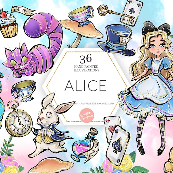 Alice in Wonderland Clipart, Cheshire Cat, Mad Hatter, Rabbit, Tea Party, Caterpillar, PNG,  Cute, Handdrawn, Digital Planner Sticker