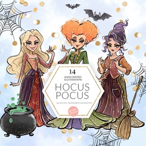 Hocus Pocus Clipart, Sanderson Sisters PNG, Heksen, Halloween, Winifred, Sarah, Mary, Handgetekend, Digital Planner Sticker
