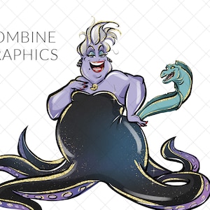 May include: A cartoon illustration of Ursula, the sea witch from Disney's The Little Mermaid. She is depicted with her signature purple skin, long black hair, and a black dress. She is holding a large, green sea serpent in her right hand. The background is a white checkered pattern.