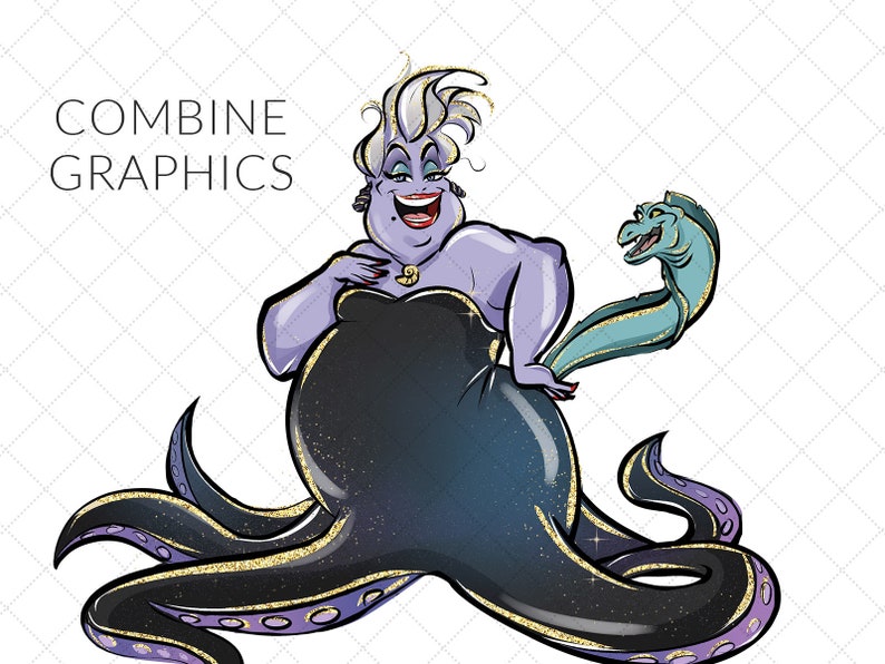 May include: A cartoon illustration of Ursula, the sea witch from Disney's The Little Mermaid. She is depicted with her signature purple skin, long black hair, and a black dress. She is holding a large, green sea serpent in her right hand. The background is a white checkered pattern.