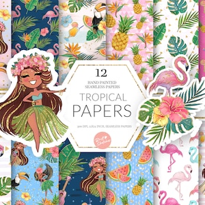 Könnte beinhalten: Eine Sammlung von 12 handgemalten, nahtlosen Tropenpapieren. Die Designs zeigen Illustrationen von Tukane, Flamingos, Ananas und tropischen Blumen. Die Papiere sind 30,48 x 30,48 cm groß und eignen sich für Bastelprojekte.