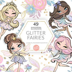 Glitter Fairy Clipart, Fairy Wings, Sparkles, Bloemen, Toverstok, Lente, Zomer, Cute, Kids Pastel Planner Stickers Stof PNG POD Supplies