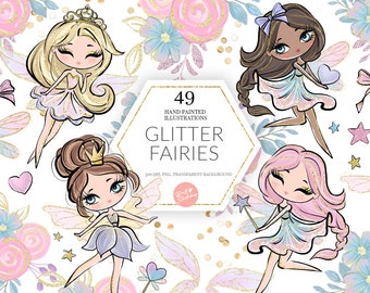 Glitter Fairy Clipart, Fairy Wings, Sparkles, Fiori, Bacchetta, Primavera, Estate, Carino, Bambini Pastello Planner Adesivi Tessuto PNG POD Forniture