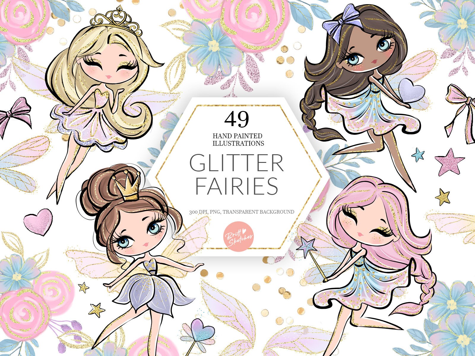 Glitter Fairy Clipart Fairy Wings Sparkles Flowers Wand Etsy