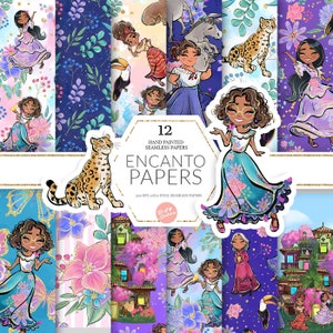 Encanto Digital Paper, Madrigal Familie, Mirabel, Luisa, Isabela, Casita, Nahtloses Muster, Kinderstoff, Hohe Res JPG, Benutzerdefinierte POD-Zubehör