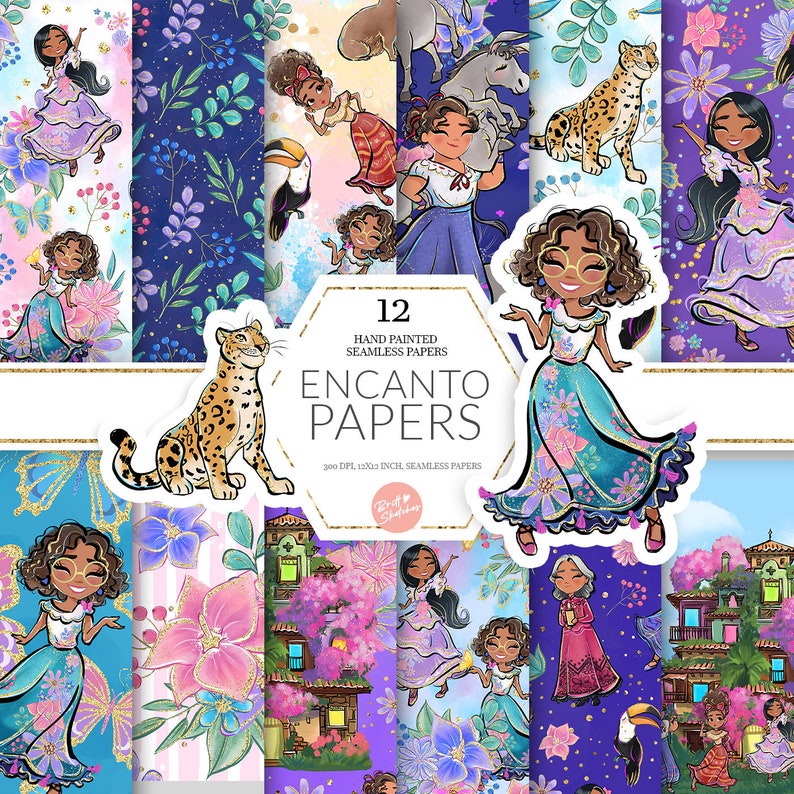 May include: Twelve digital paper designs featuring characters and scenes from the animated film Encanto. The papers feature a purple, blue, and pink colour scheme with illustrations of a toucan, a jaguar, a donkey, and a girl in a blue dress.