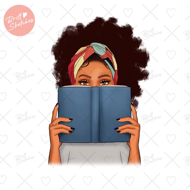 May include: A woman with dark curly hair is reading a blue book. She is wearing a colorful headscarf.
