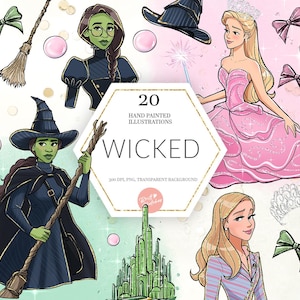 Imágenes prediseñadas malvadas, Elphaba PNG, Glinda, Brujas, Ciudad Esmeralda, Dibujado a mano, Arte con brillo lindo, Decoración, Suministro de POD, Descarga digital