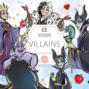 Imágenes prediseñadas de villanas femeninas, PNG de cuento de hadas, personajes malvados, arte infantil dibujado a mano, paquete de gráficos
