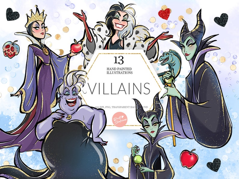 May include: A set of 13 hand-painted illustrations of Disney villains. The villains are depicted in their iconic costumes and poses, with a sparkly, glittery background. The text "13 Hand Painted Illustrations Evil Villains" is featured in the center of the image.