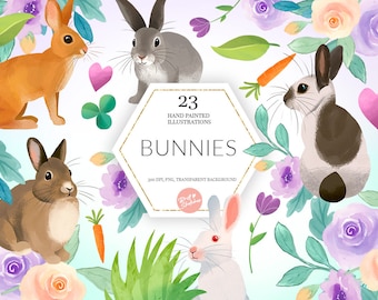 Whimsical Bunny Cliparts Easter Bunnies Spring Illustrations Cute Rabbits Flowers Planner Stickers Fabric PNG POD Supplies