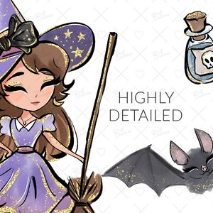 Witches Clipart, Magic, Halloween, Cute Witch PNG, Cauldron, Black Cat, Potions, Pumpkins, Handdrawn, Kids, Planner Stickers, Sublimation image 4