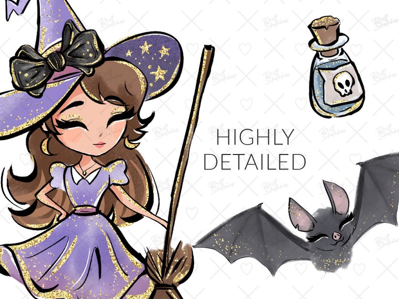 Witches Clipart, Magic, Halloween, Cute Witch PNG, Cauldron, Black Cat, Potions, Pumpkins, Handdrawn, Kids, Planner Stickers, Sublimation image 4