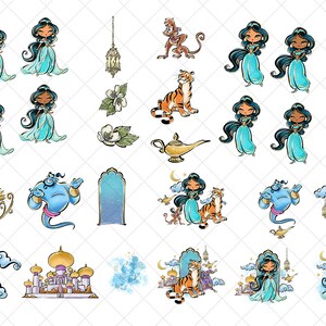 Jasmine Clipart, Arabian Princess PNG, Tiger, Monkey, Castle, Hand Drawn, Cute Glitter Kids Art, Decoration, Watercolor Fabric ,POD image 2