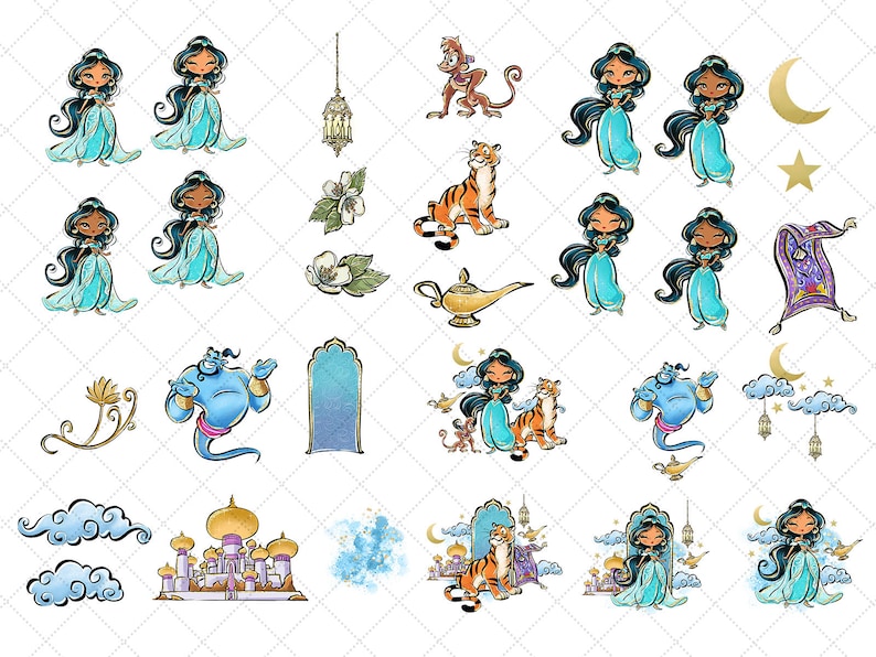 Jasmine Clipart, Arabian Princess PNG, Tiger, Monkey, Castle, Hand Drawn, Cute Glitter Kids Art, Decoration, Watercolor Fabric ,POD image 2