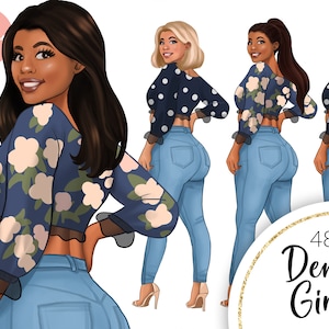 Denim Girl Clipart, Black Girl Clipart, Fashion Girl, Curvy Jeans Clipart, African American, Black Women, Cute Big Booty Planner PNG
