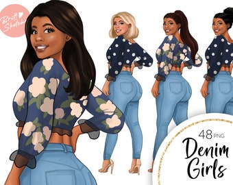 Denim Girl Clipart, Black Girl Clipart, Fashion Girl, Curvy Jeans Clipart, African American, Black Women, Cute Big Booty Planner PNG