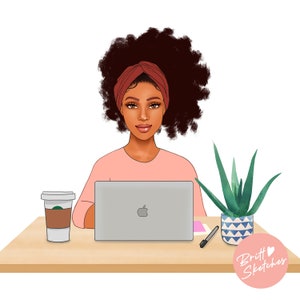 Business Woman Sublimation, PNG Afro Working from Home, Black Woman Laptop Desk, Boss Babe, Teacher Student Girl, Digital Instant Download