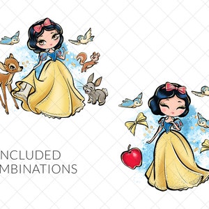 Snow White Clipart, Princess PNG, Seven Dwarves, Fairytale, Deer, Cottage, Birds, Hand Drawn, Cute Glitter Kids Art, Fabric ,POD image 3