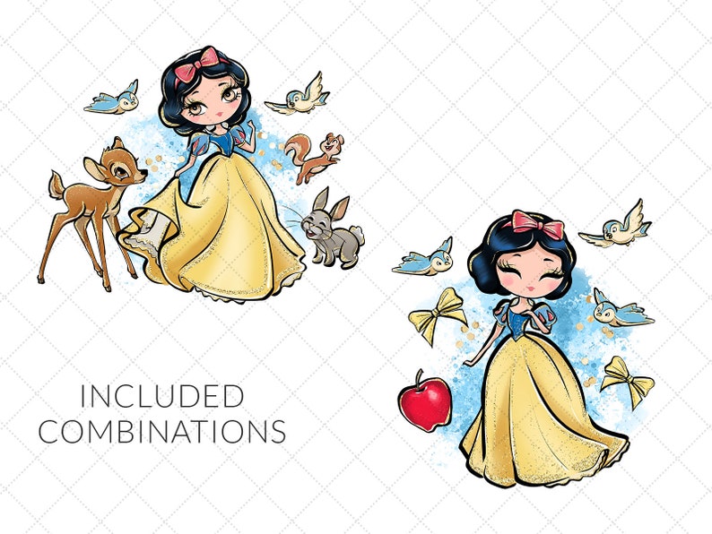 Pode incluir: Duas ilustra&ccedil;&otilde;es da Branca de Neve, uma princesa da Disney, com fundos diferentes. A primeira imagem mostra a Branca de Neve com um veado, um esquilo, um coelho e p&aacute;ssaros. A segunda imagem mostra a Branca de Neve com p&aacute;ssaros, um la&ccedil;o e uma ma&ccedil;&atilde;. Ambas as imagens apresentam a Branca de Neve com um vestido amarelo com um corpete azul e um la&ccedil;o vermelho no cabelo.