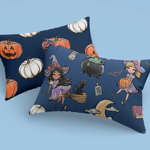 May include: Two blue pillowcases with a Halloween theme. One pillowcase features a pattern of orange and white pumpkins, while the other pillowcase features a pattern of witches, black cats, cauldrons, and pumpkins.