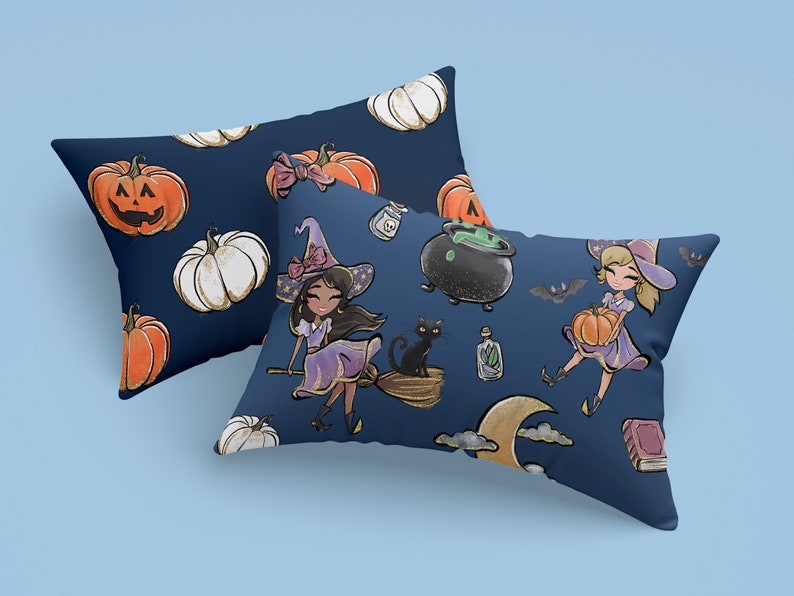 May include: Two blue pillowcases with a Halloween theme. One pillowcase features a pattern of orange and white pumpkins, while the other pillowcase features a pattern of witches, black cats, cauldrons, and pumpkins.