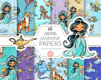Jasmine Digital Paper, Arabian Princess, Cute Kids Art, High Res JPG Seamless Pattern, Custom Fabric POD Supplies